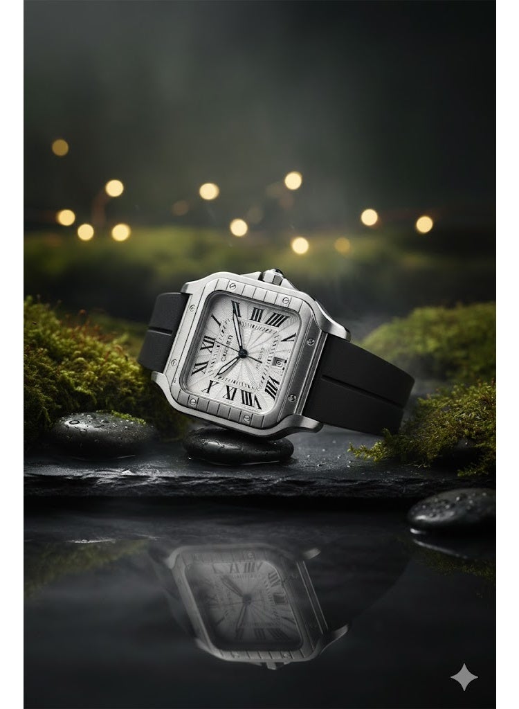 كارتييه ساعة يد رجالي فاخرة بتصميم مربع – قرص أبيض بأرقام رومانية مع سوار سيليكون أسود - Image 3